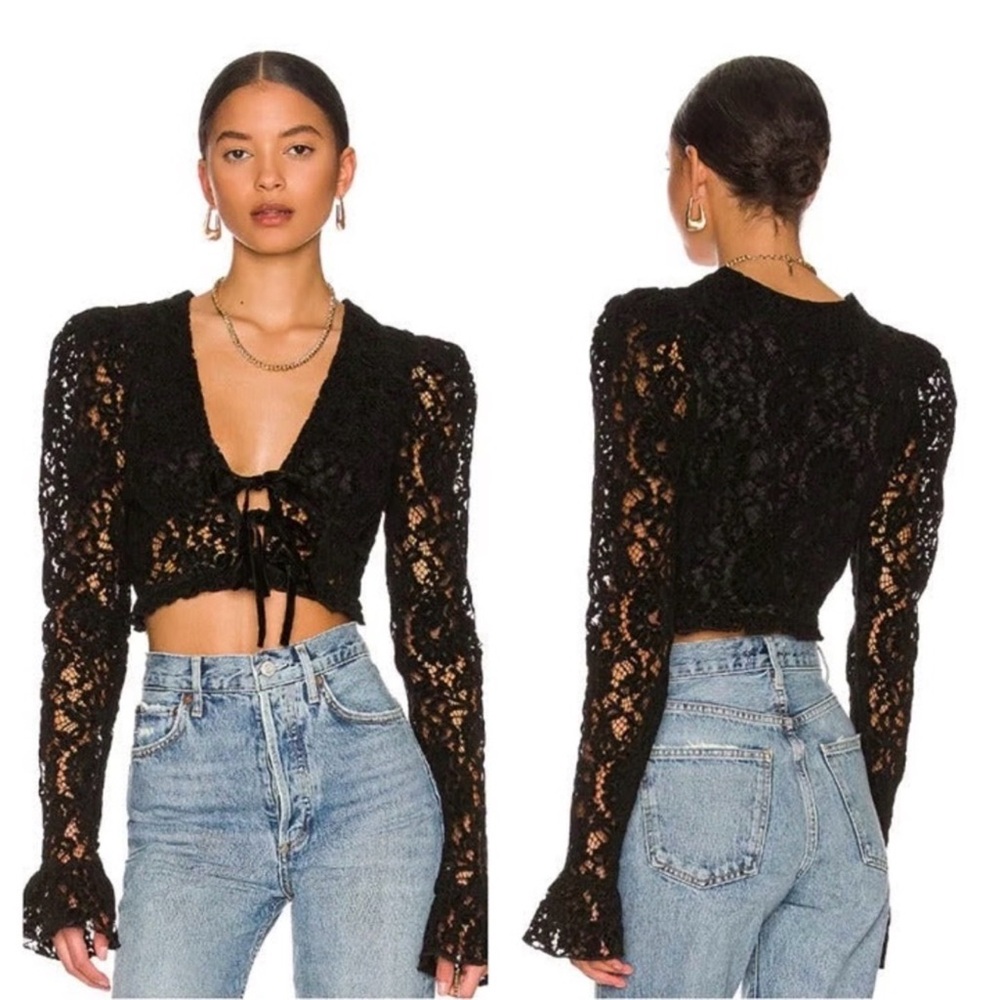 Major Elle Alivia Black Lace Tie-Front Cropped Top